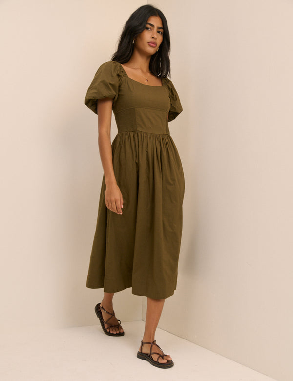 Khaki Puff Sleeve Mara Midi Dress