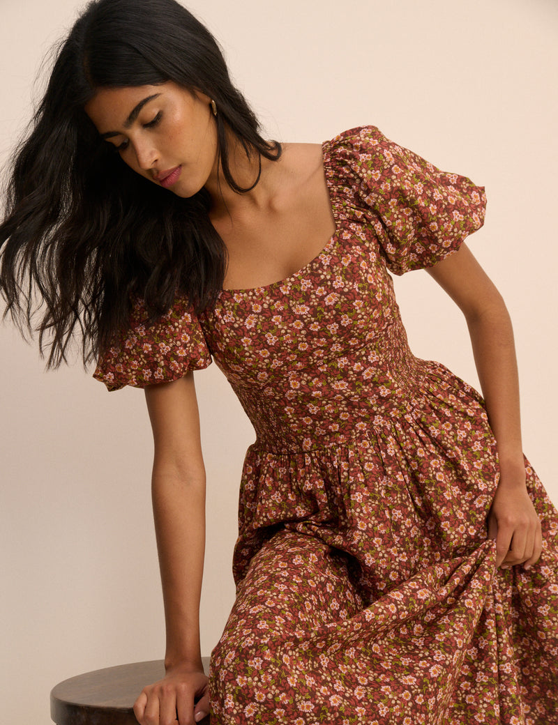 Brown Ditsy Floral Puff Sleeve Mara Midi Dress