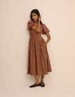 Brown Ditsy Floral Puff Sleeve Mara Midi Dress