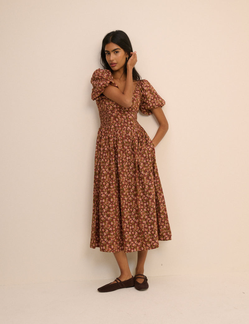 Brown Ditsy Floral Puff Sleeve Mara Midi Dress