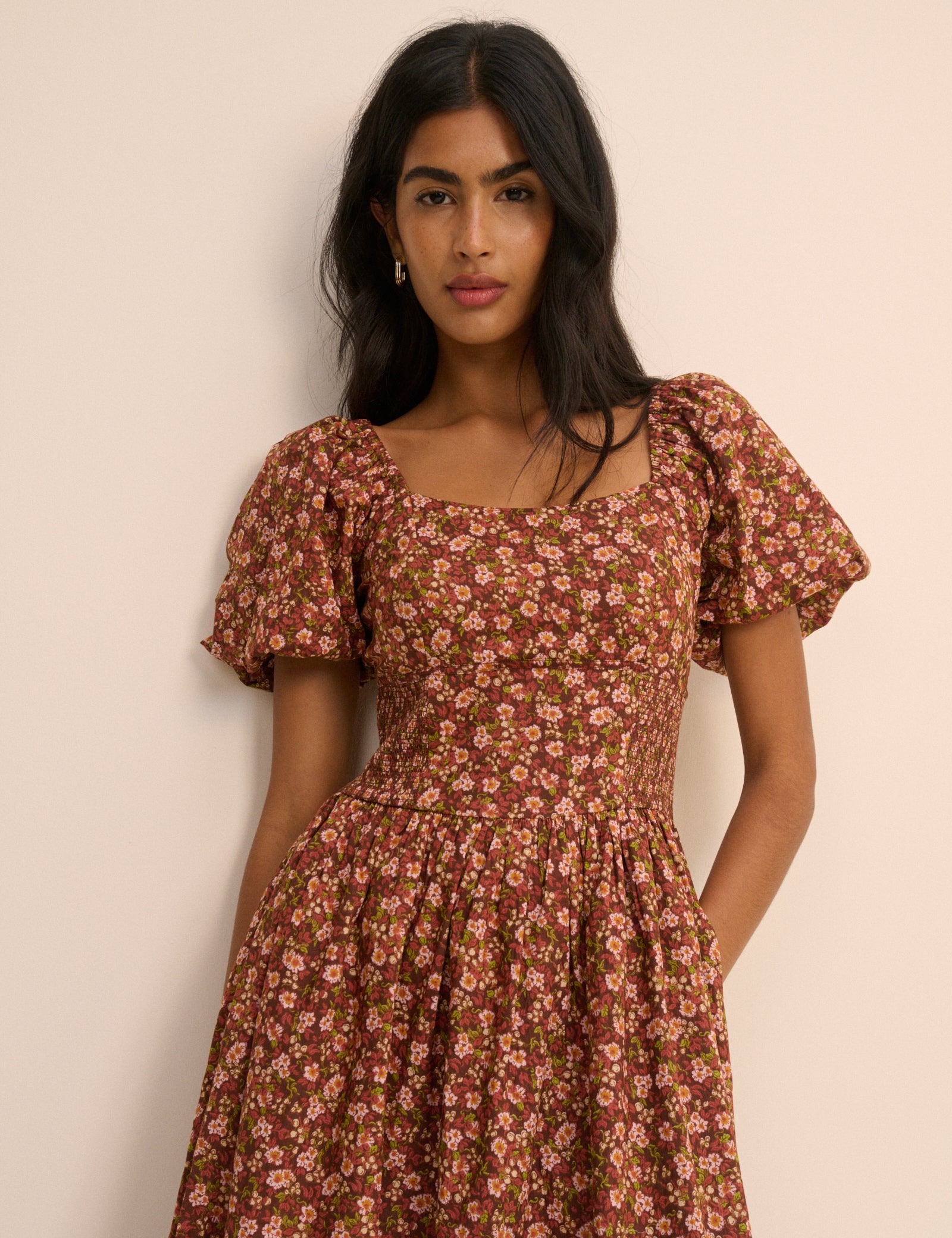 Brown Ditsy Floral Puff Sleeve Mara Midi Dress