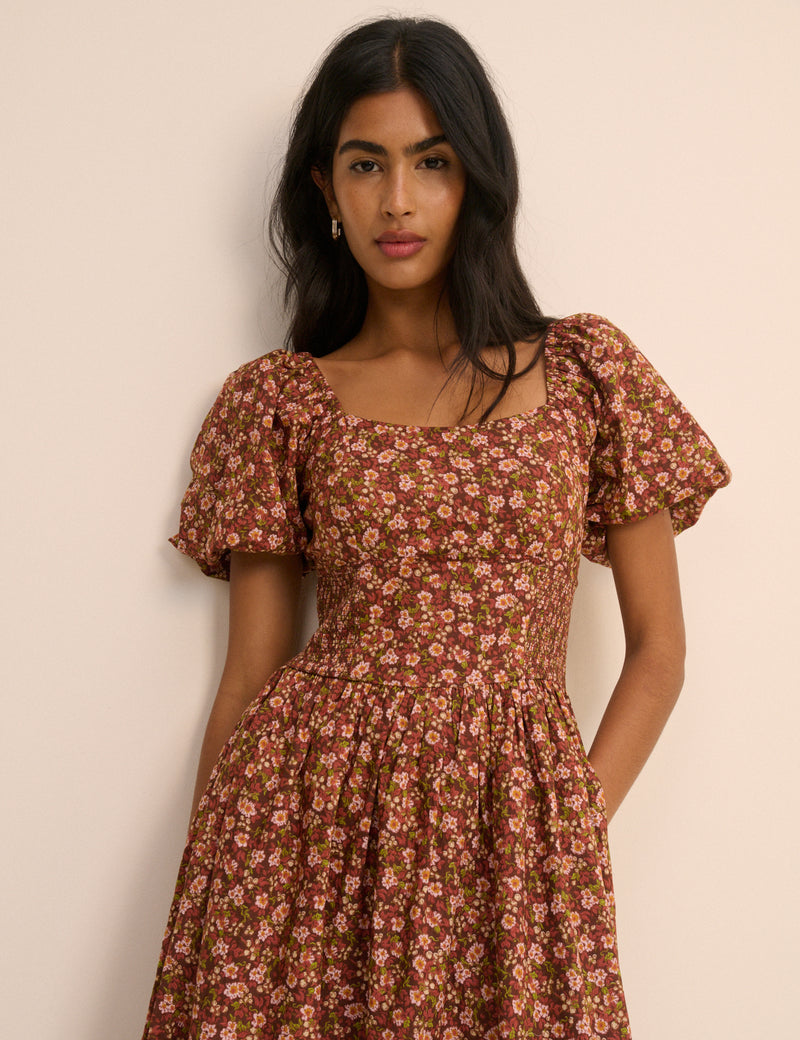 Brown Ditsy Floral Puff Sleeve Mara Midi Dress