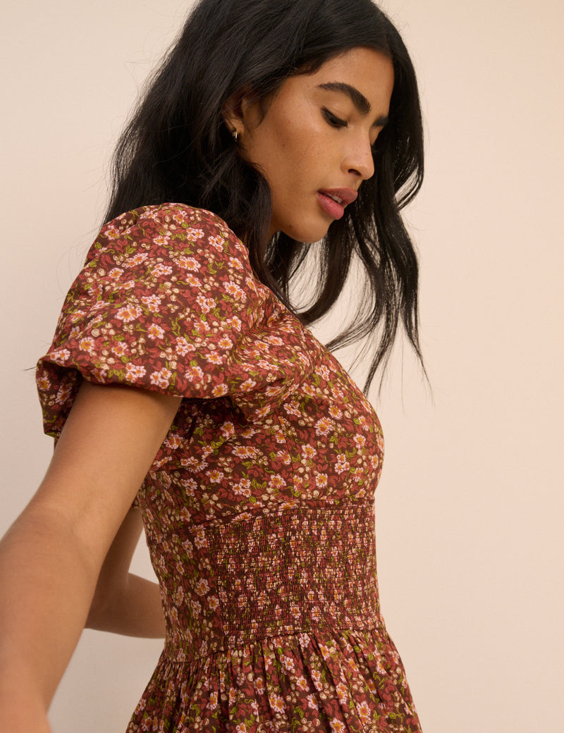 Brown Ditsy Floral Puff Sleeve Mara Midi Dress