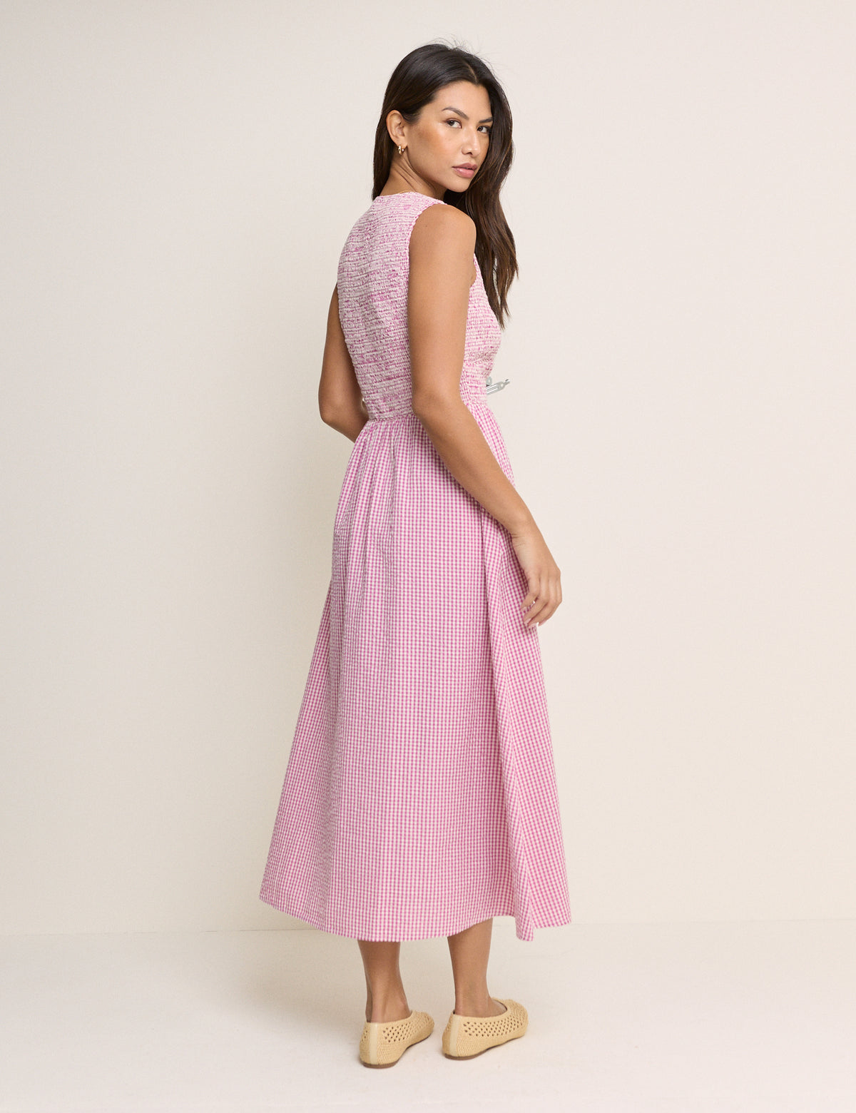 Pink Gingham Sleeveless Eliza Midi Dress