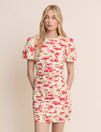 White and Red Floral Pleated Fabienne Mini Dress