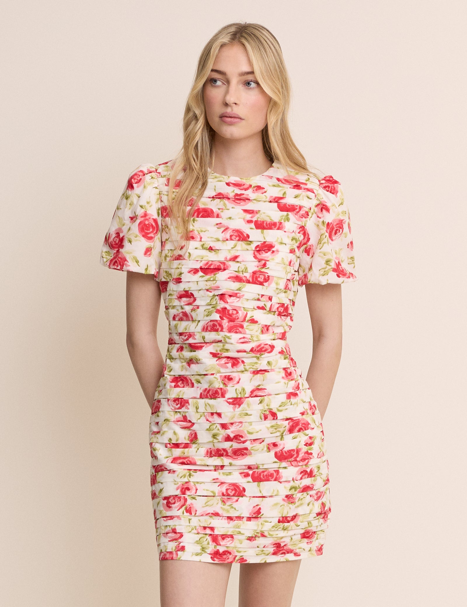 White and Red Floral Pleated Fabienne Mini Dress