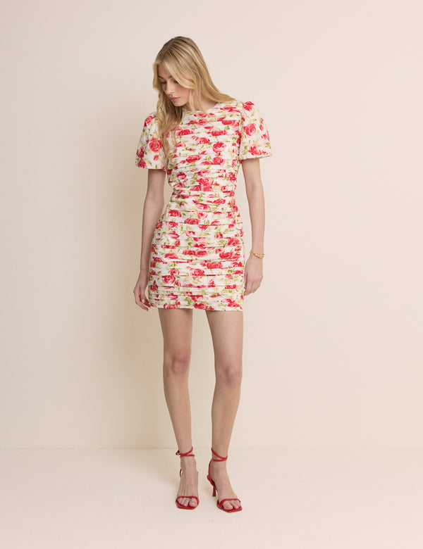 White and Red Floral Pleated Fabienne Mini Dress