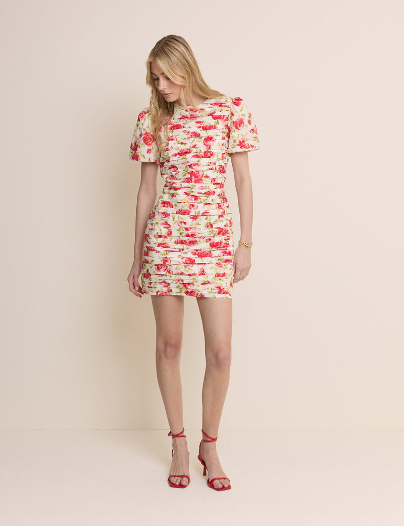 White and Red Floral Pleated Fabienne Mini Dress
