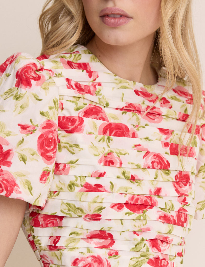 White and Red Floral Pleated Fabienne Mini Dress
