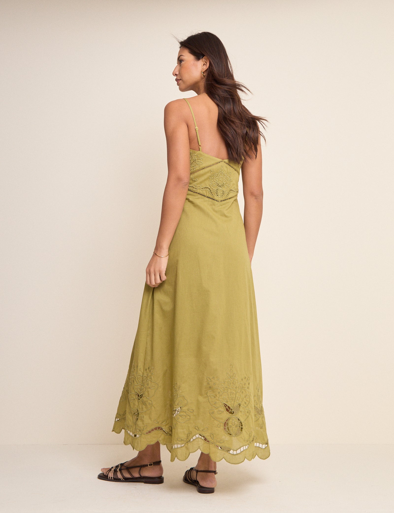 Khaki Broderie Anglaise Brooke Midi Dress