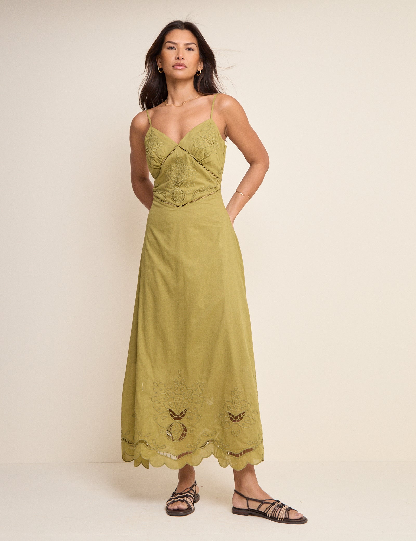 Khaki Broderie Anglaise Brooke Midi Dress Khaki Broderie Anglaise Brooke Midi Dress