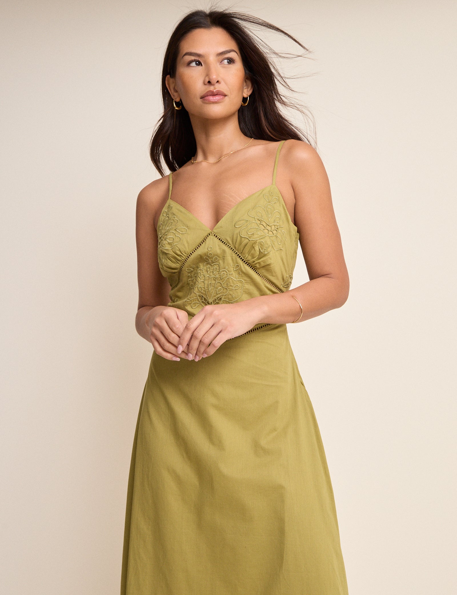 Khaki Broderie Anglaise Brooke Midi Dress