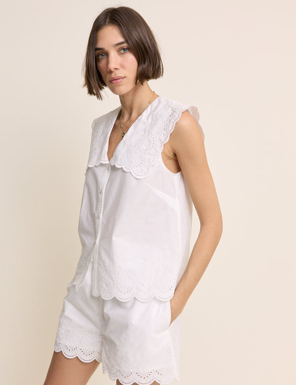 White Broderie Anglaise Collared Blouse