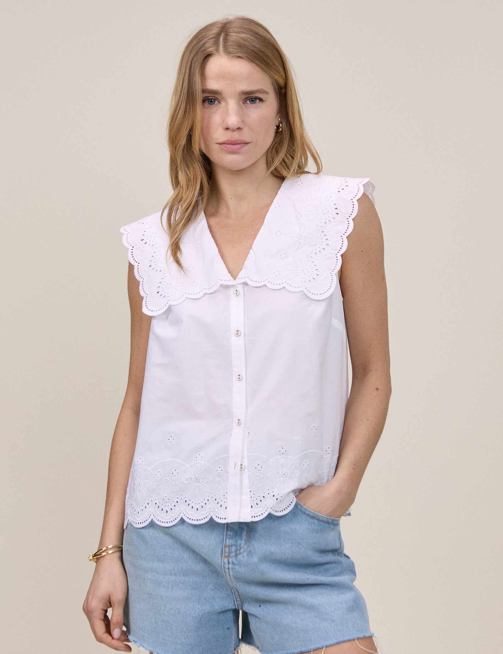 White Broderie Anglaise Collared Blouse