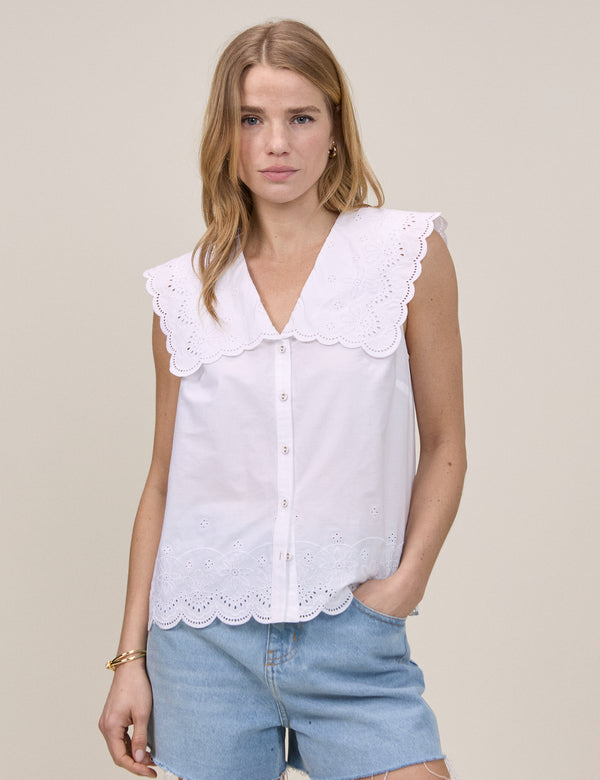 White Broderie Anglaise Collared Blouse