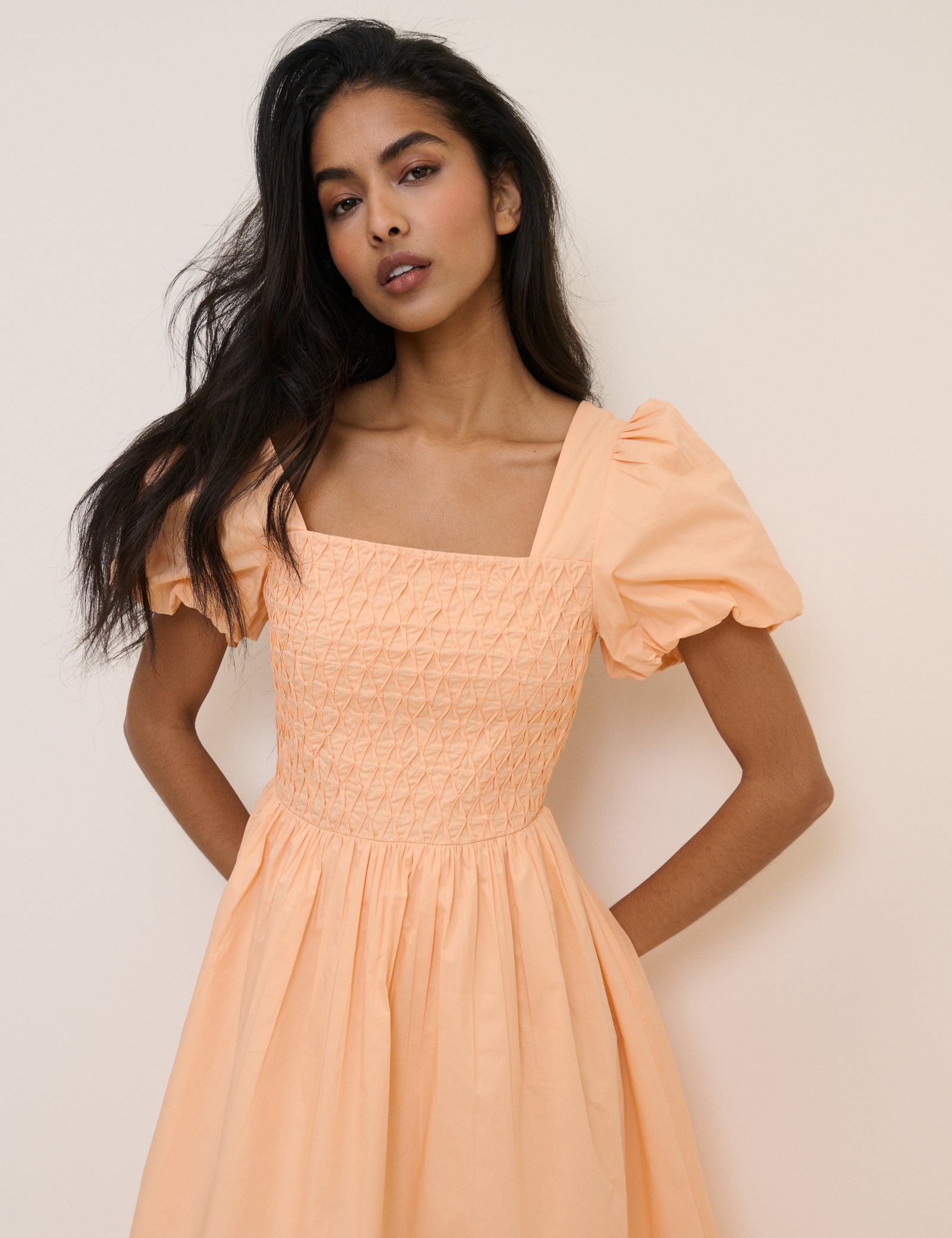 Peach Puff Sleeve Ida Midi Dress