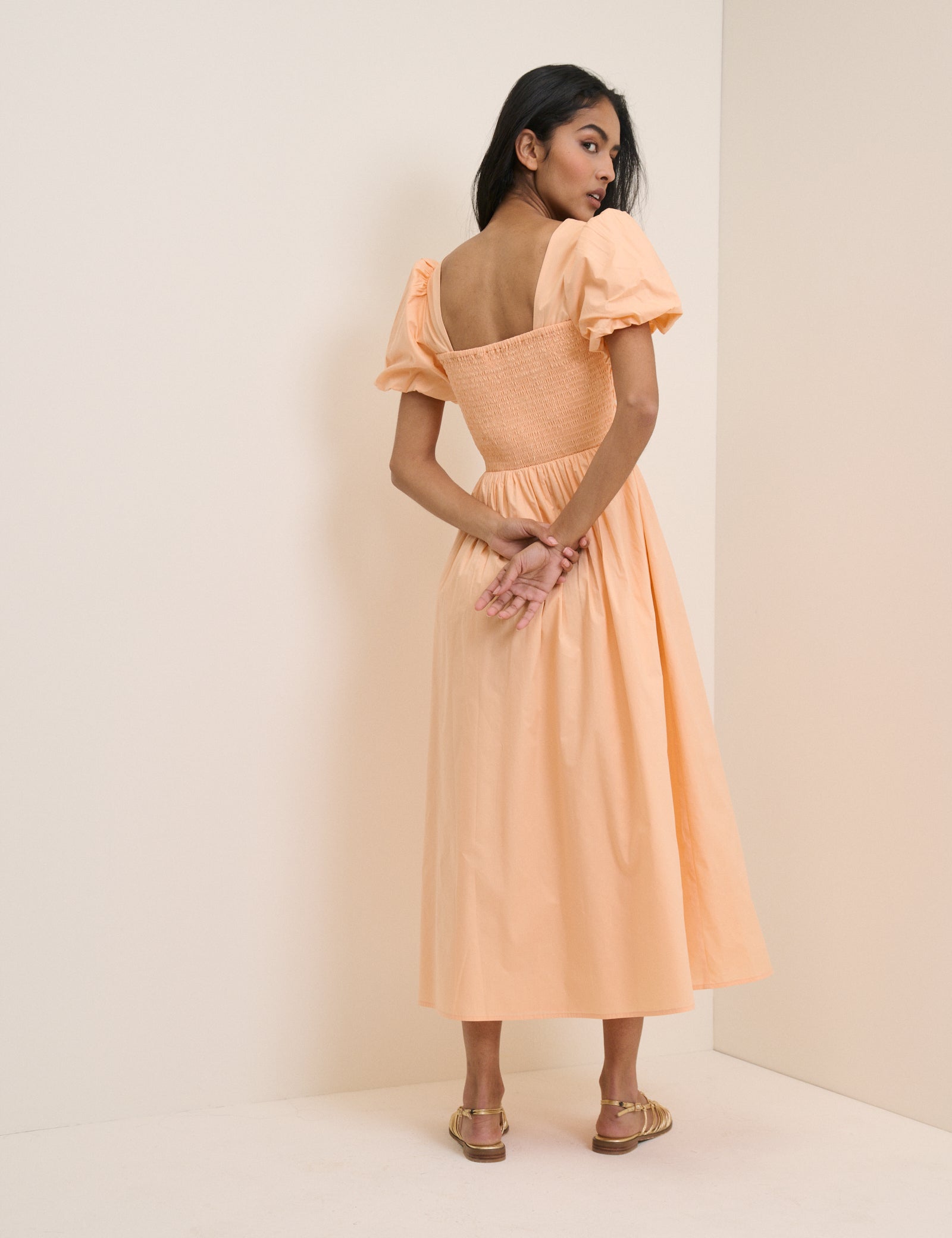 Peach Puff Sleeve Ida Midi Dress