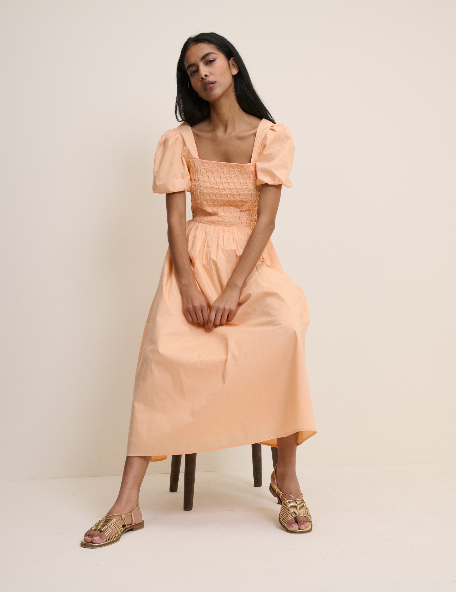 Peach Puff Sleeve Ida Midi Dress