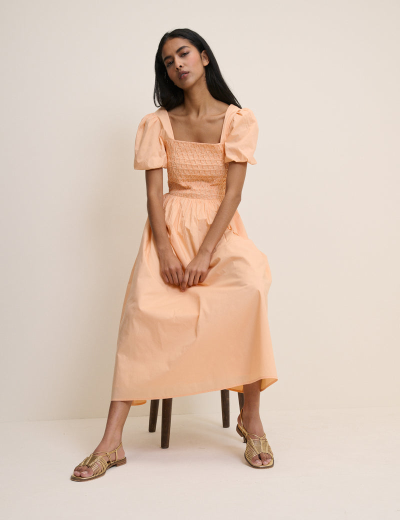 Peach Puff Sleeve Ida Midi Dress