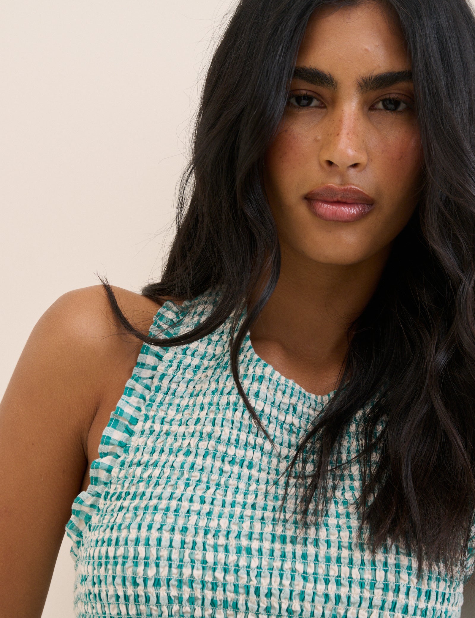 Turquoise Gingham Shirred Halterneck Tizzy Top