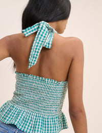 Turquoise Gingham Shirred Halterneck Tizzy Top