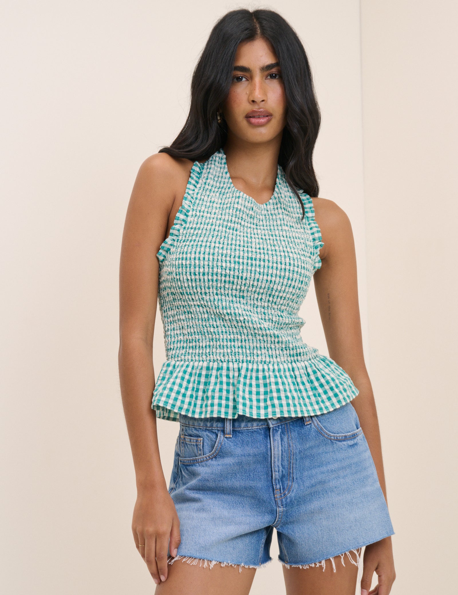 Turquoise Gingham Shirred Halterneck Tizzy Top