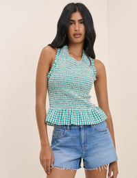 Turquoise Gingham Shirred Halterneck Tizzy Top