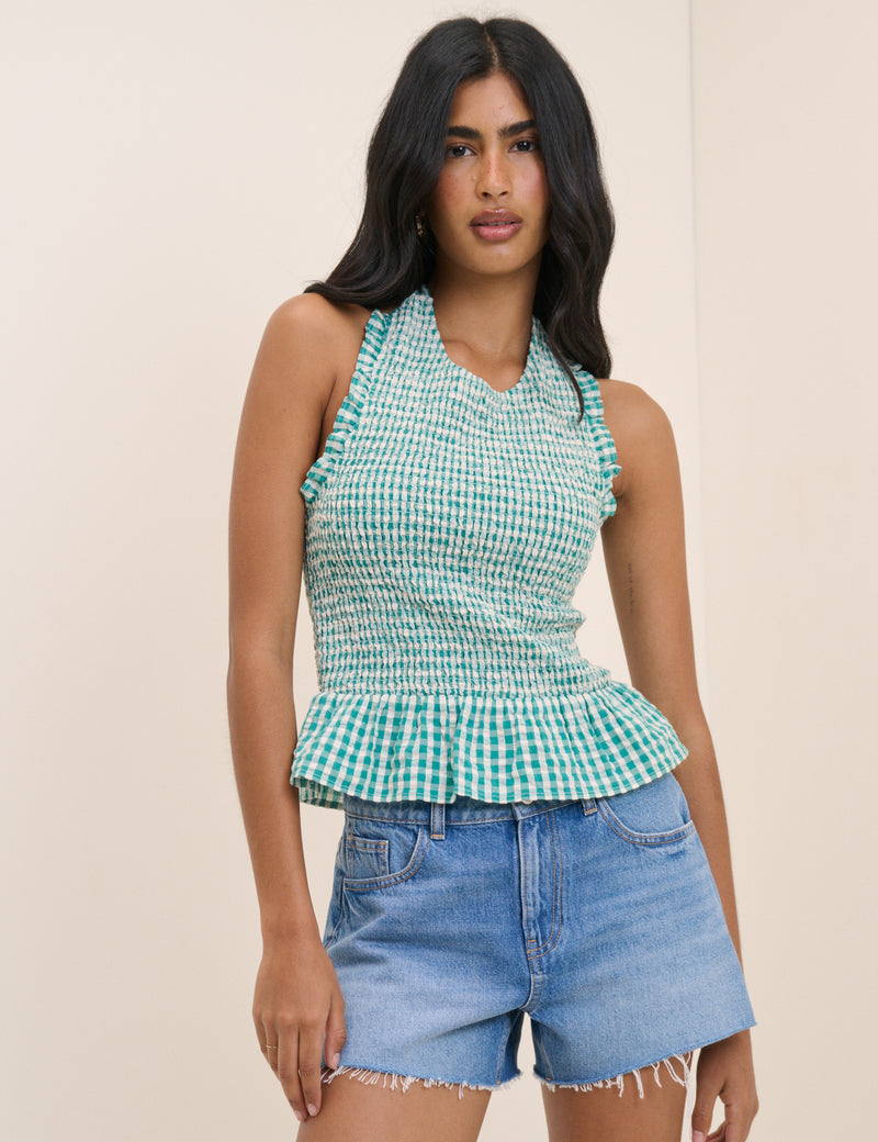 Turquoise Gingham Shirred Halterneck Tizzy Top