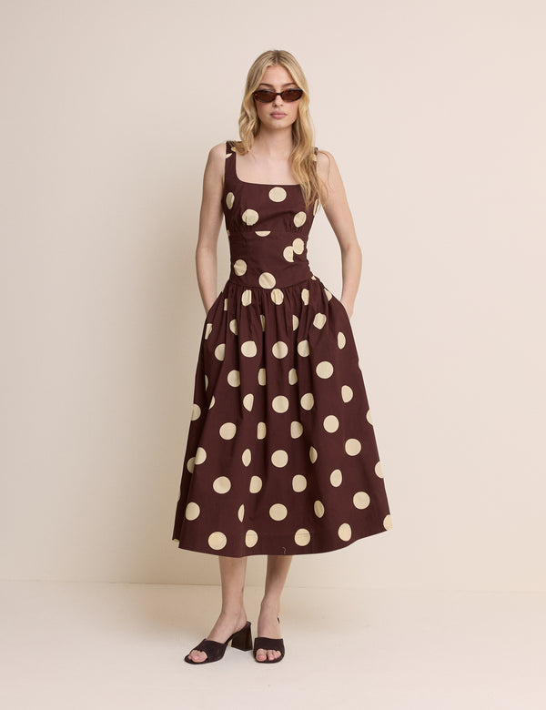 Brown and Cream Polka Dot Panelled Soraya Midi Dress