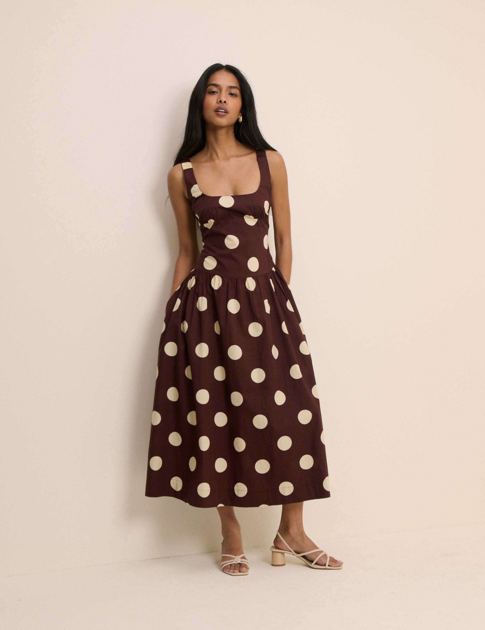 Brown and Cream Polka Dot Panelled Soraya Midi Dress Brown and Cream Polka Dot Panelled Soraya Midi Dress