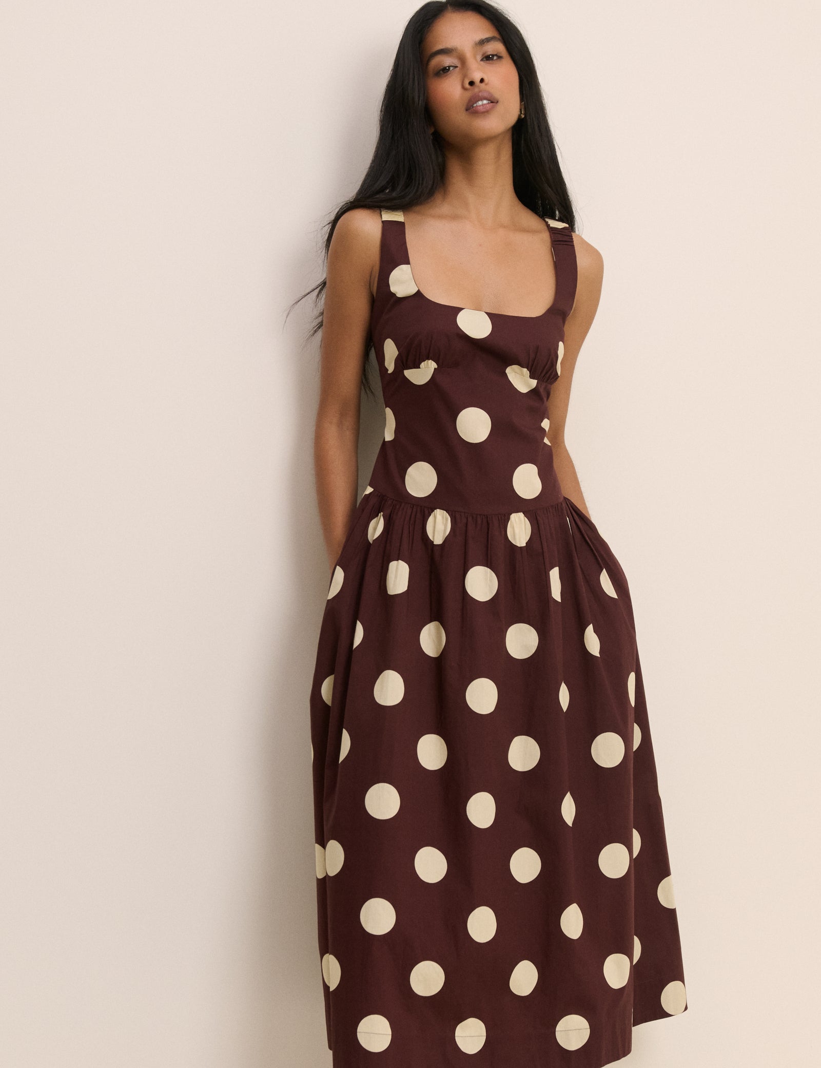 Brown and Cream Polka Dot Panelled Soraya Midi Dress