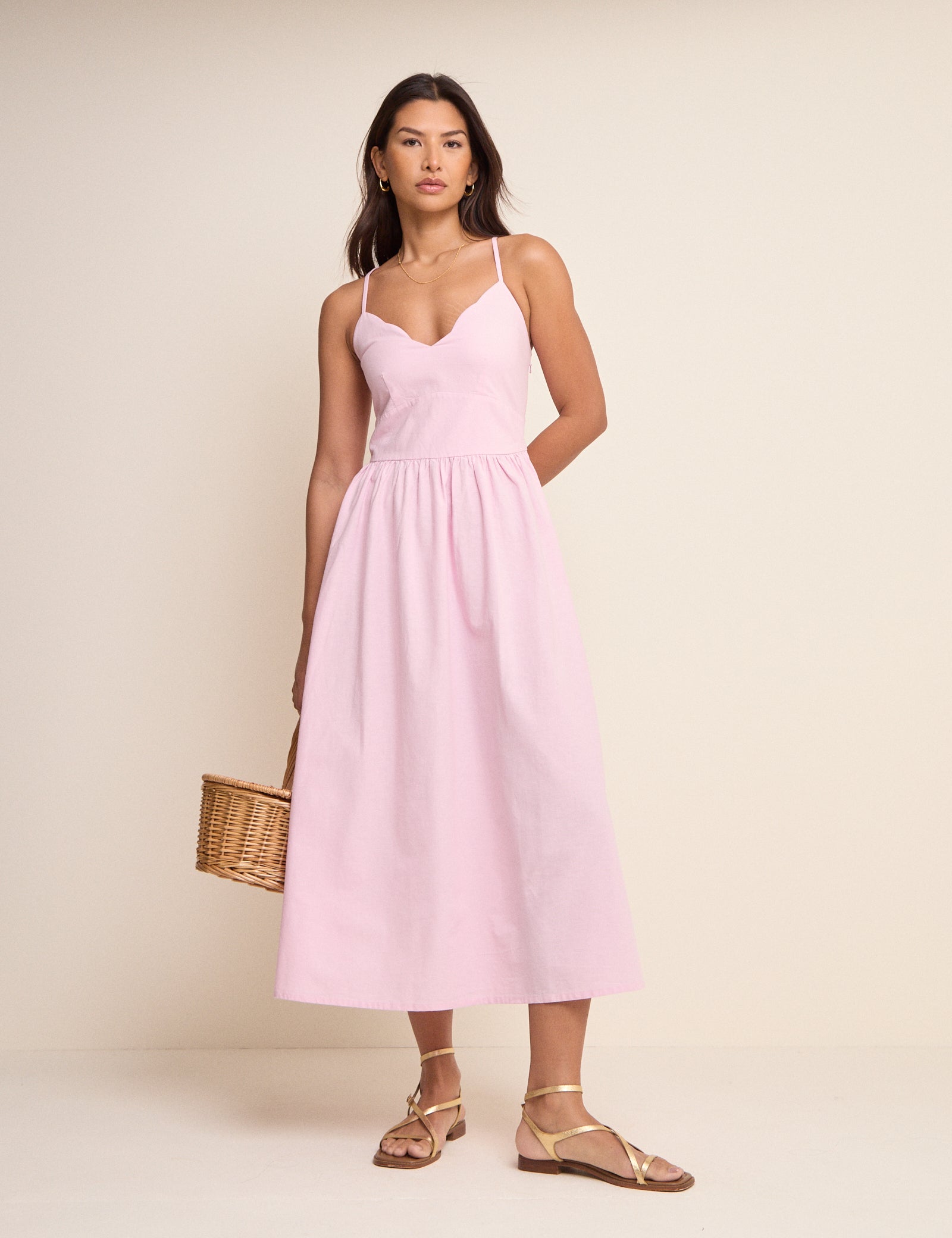 Pink Scallop Trim Jenna Midi Dress