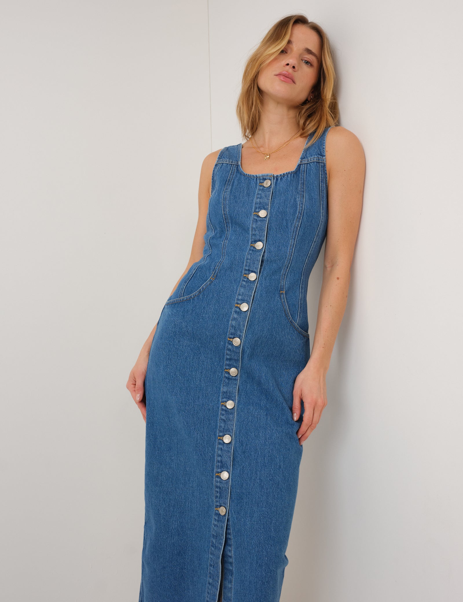 denim column midi dress Light Denim Cap Sleeve Midi Dress