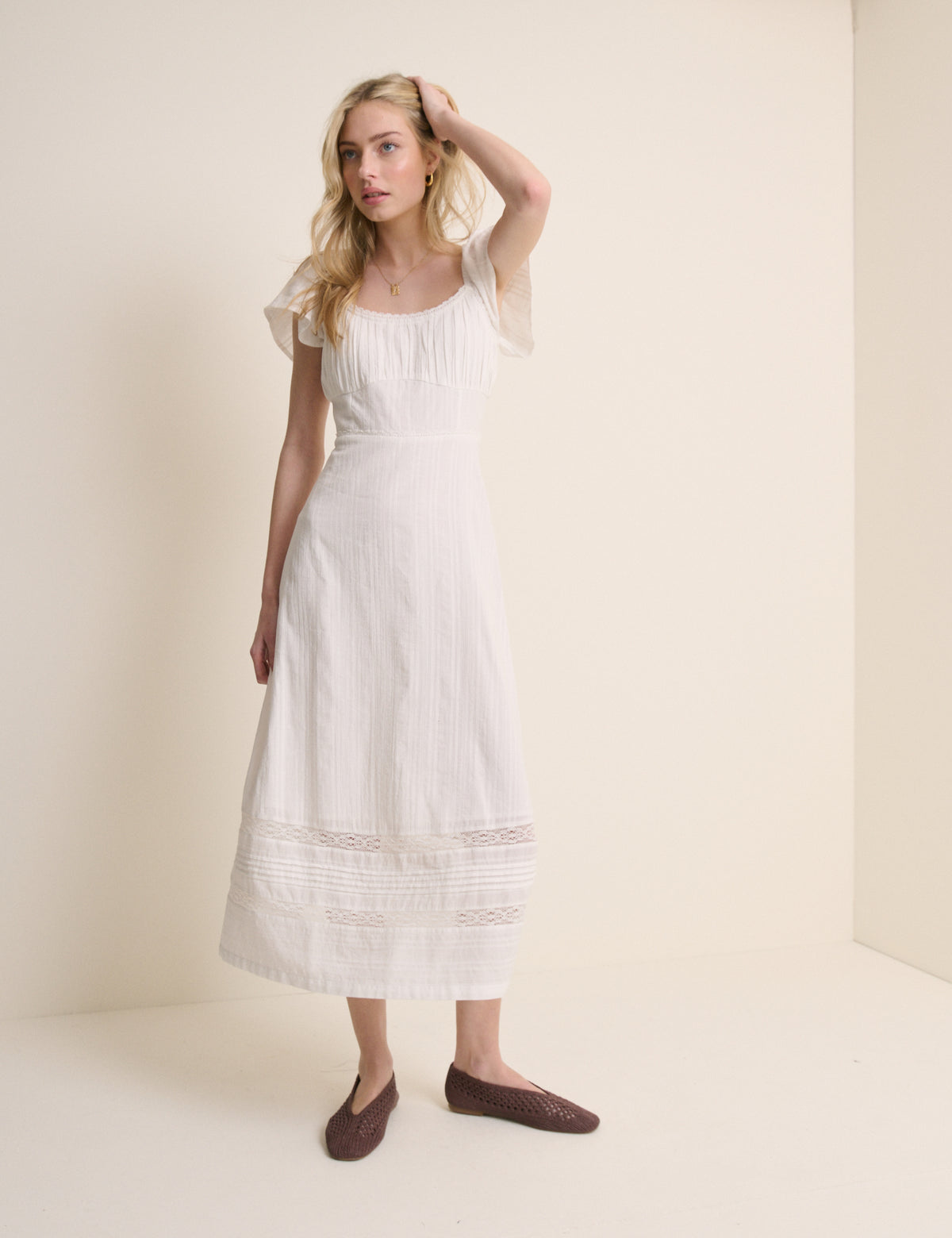 White Pintuck Scoop Neck Alex Midi Dress