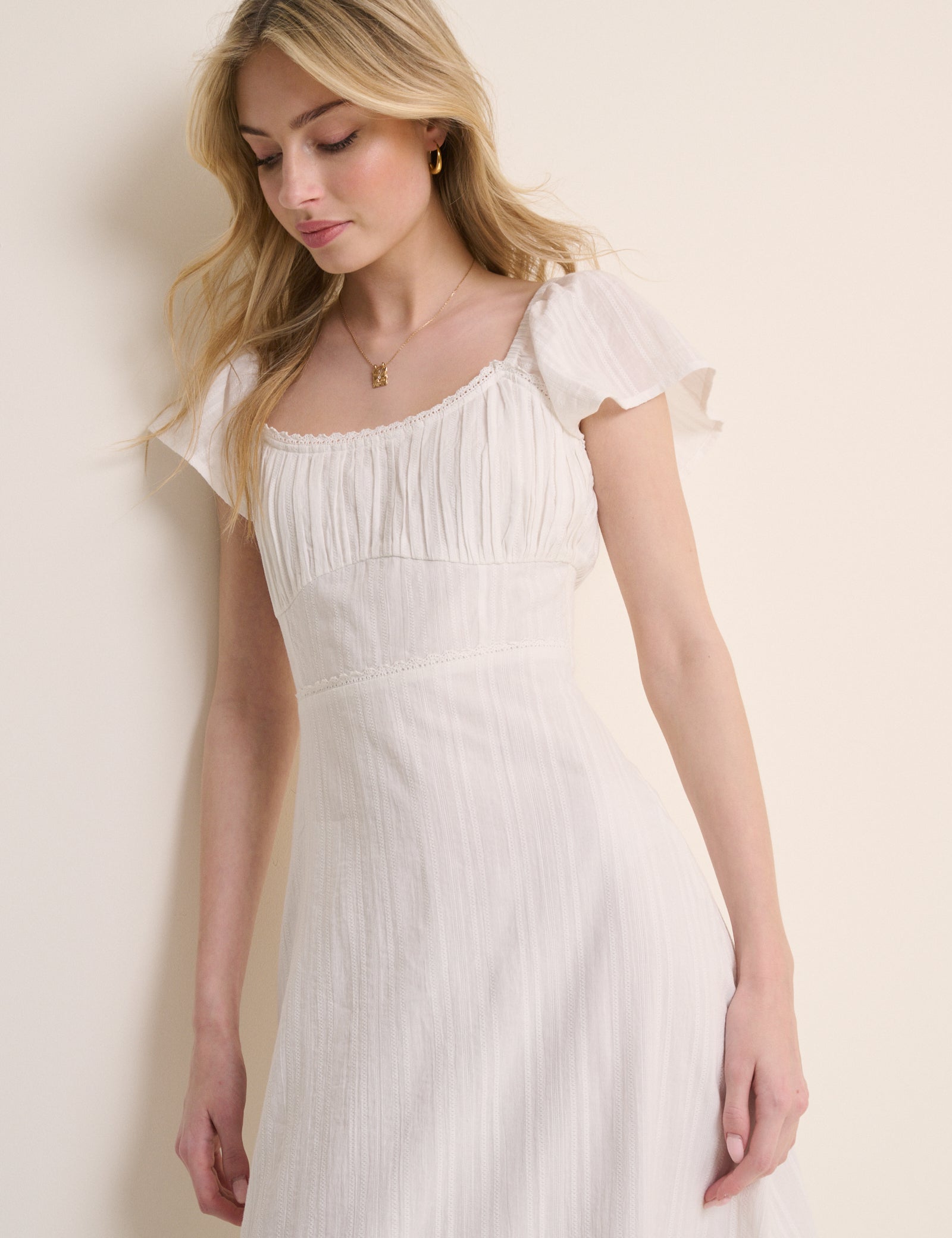 White Pintuck Scoop Neck Alex Midi Dress