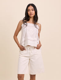 White Drawstring Bermuda Denim Shorts