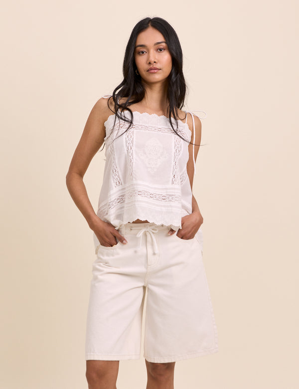 White Drawstring Bermuda Denim Shorts