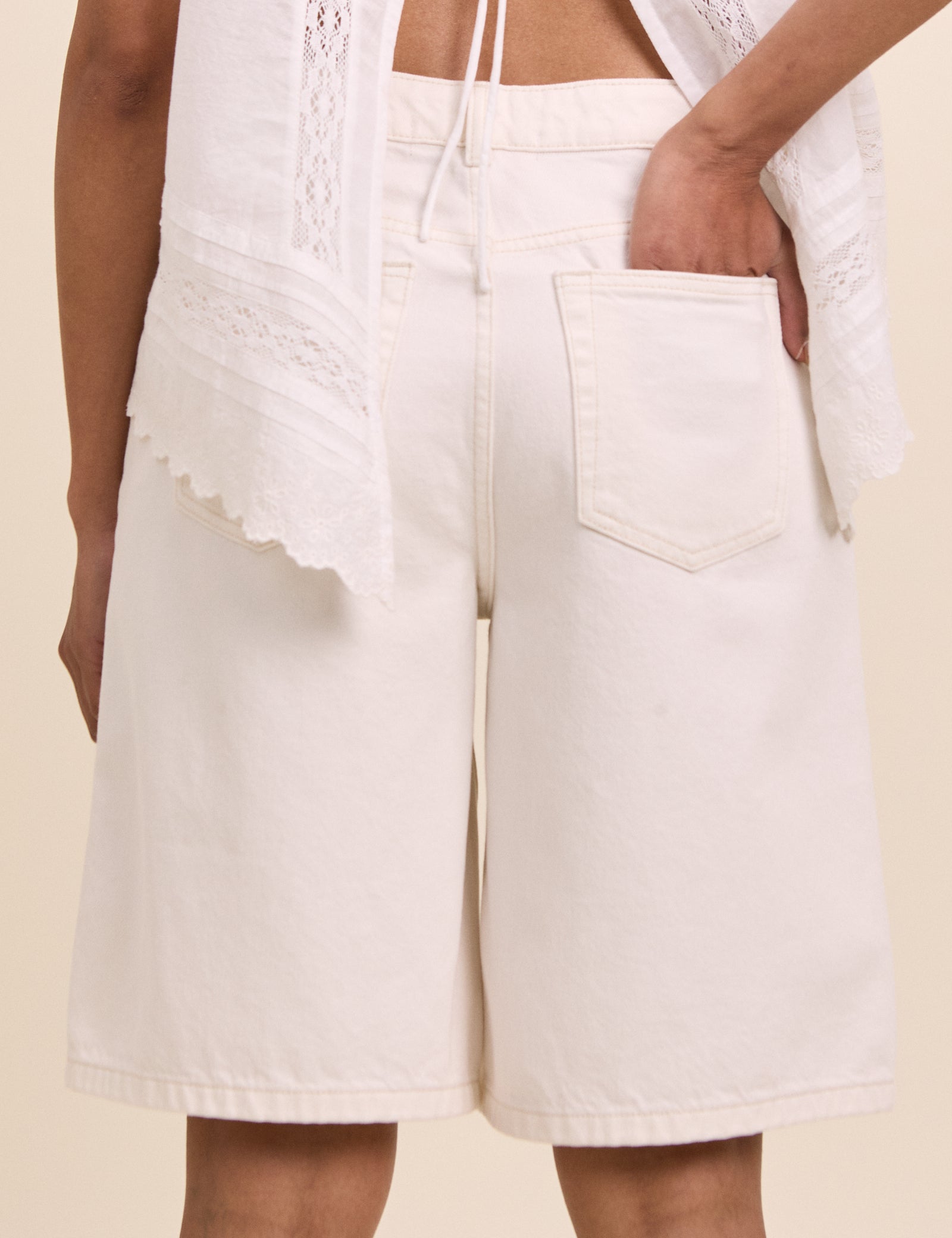White Drawstring Bermuda Denim Shorts