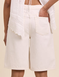 White Drawstring Bermuda Denim Shorts