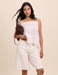 White Drawstring Bermuda Denim Shorts