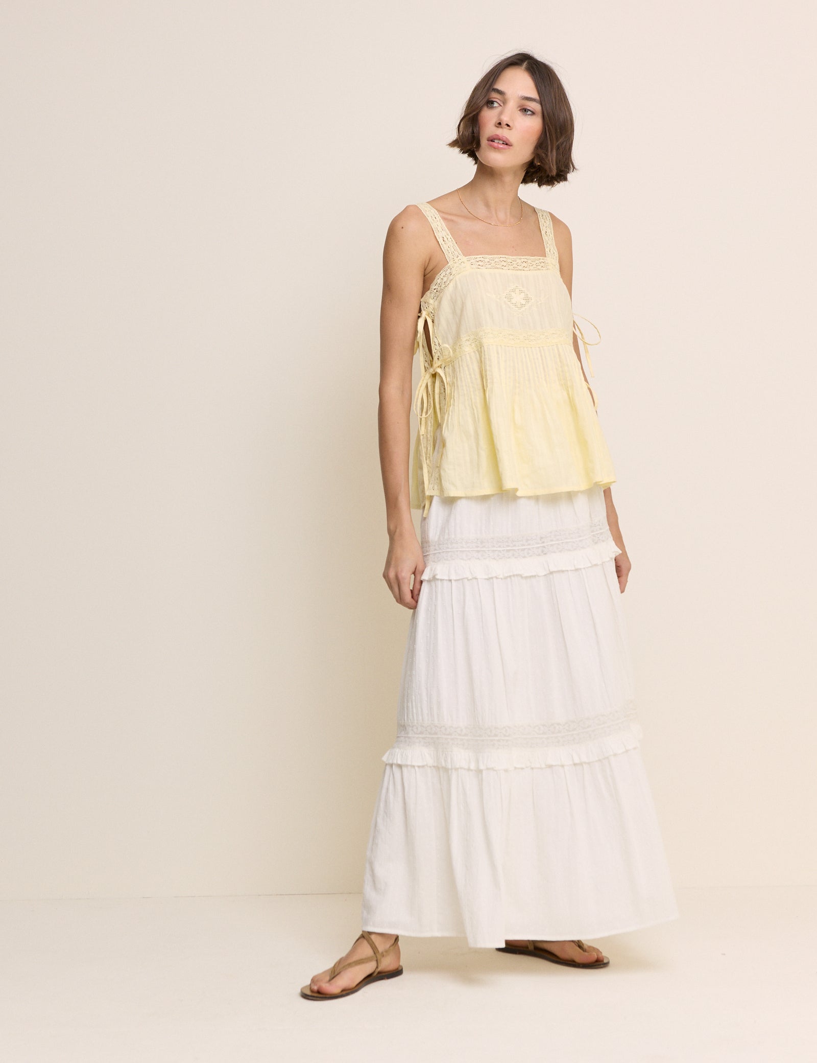 Butter Yellow Embroidered Lace Trim Top