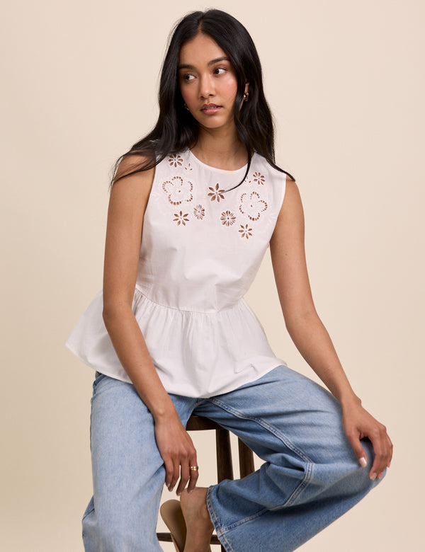 White Floral Cutwork Vera Peplum Top