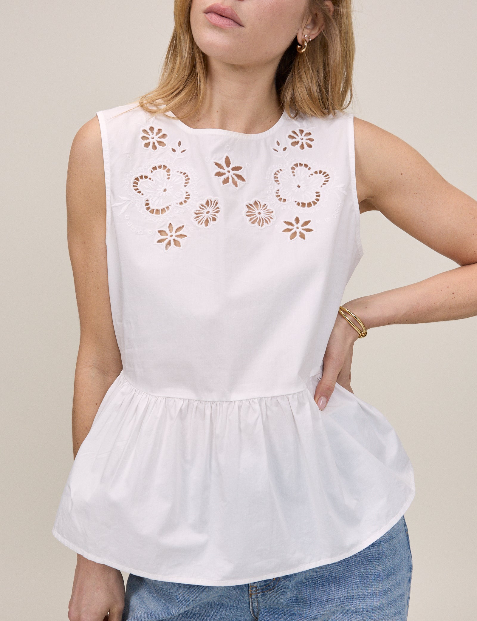 White Floral Cutwork Vera Peplum Top