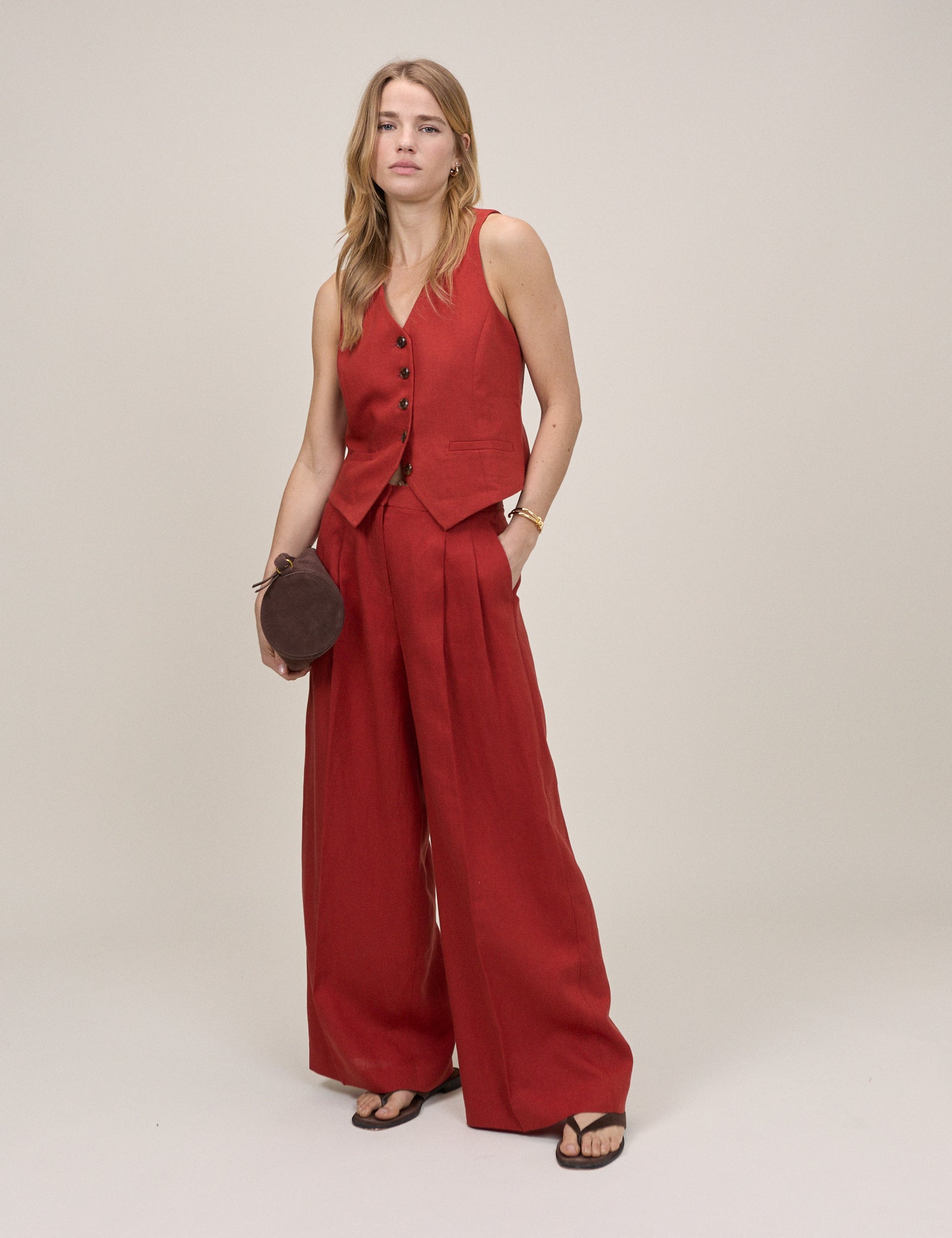 Red Relaxed Wide Leg Tailored Trousers