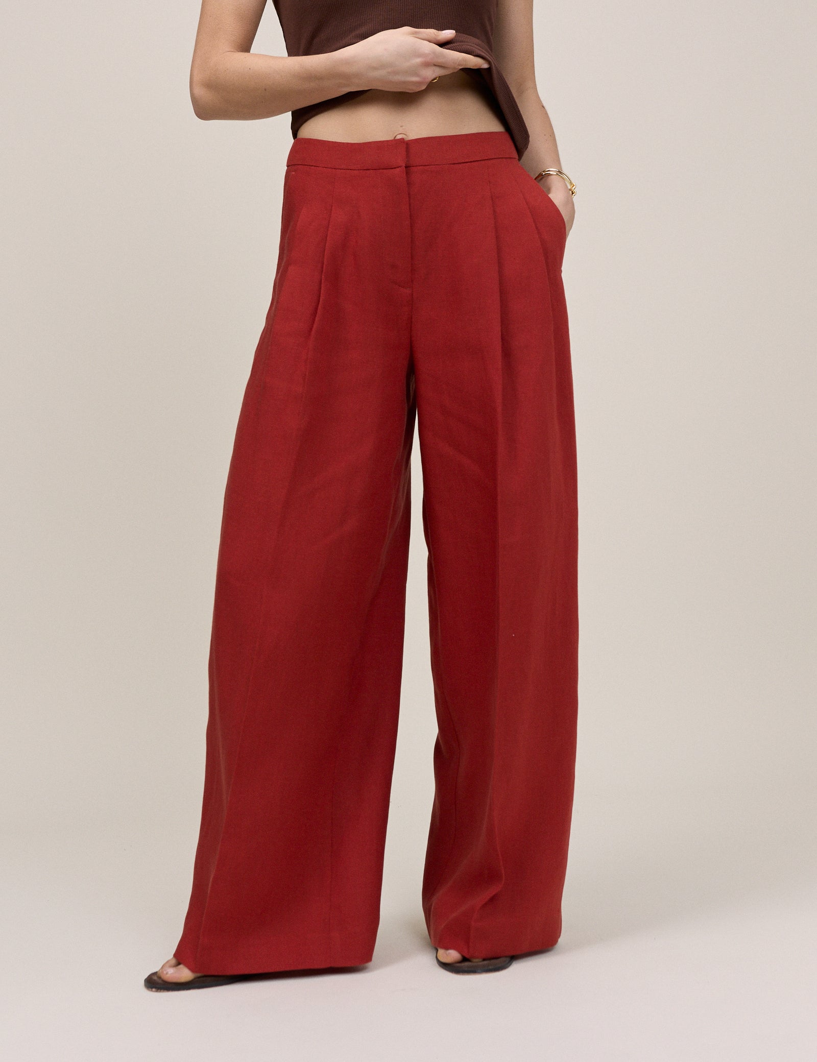 Red Relaxed Wide Leg Tailored Trousers