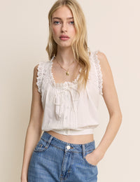 White Broderie Lace Trim Scoop Neck Blouse