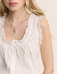 White Broderie Lace Trim Scoop Neck Blouse