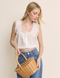 White Broderie Lace Trim Scoop Neck Blouse