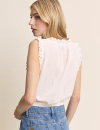 White Broderie Lace Trim Scoop Neck Blouse