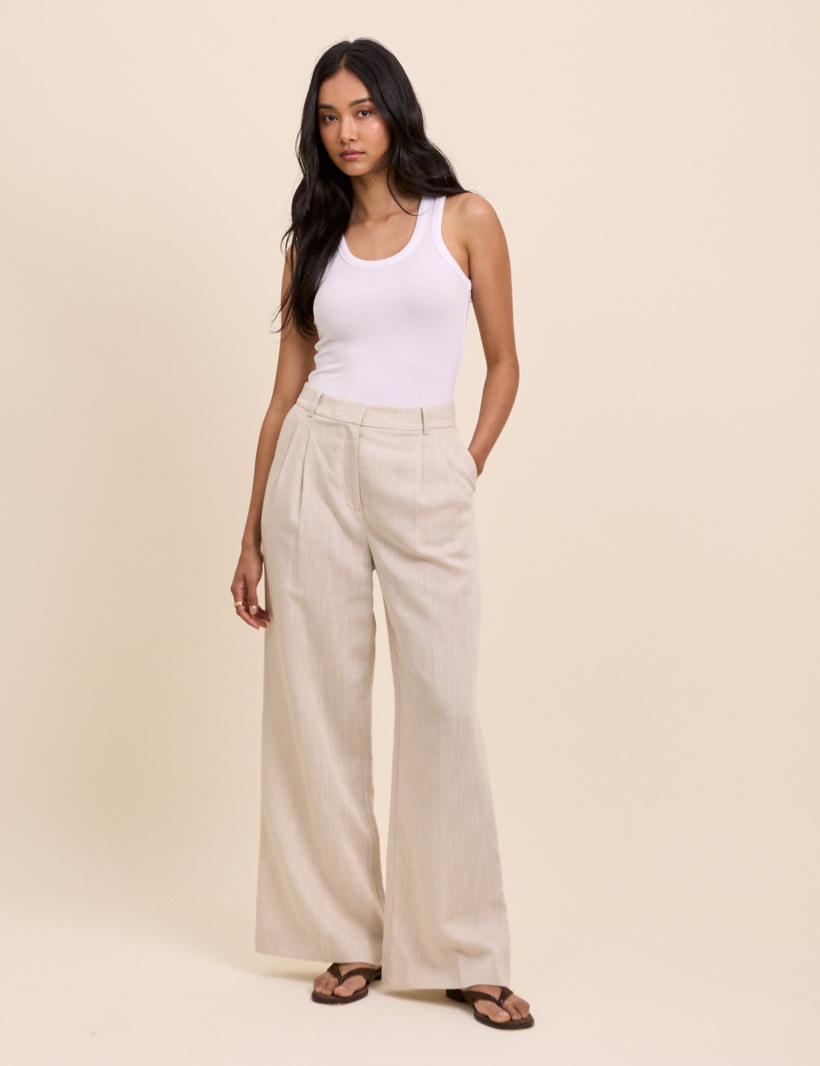 Stone Linen-Blend Jax Wide Leg Trousers